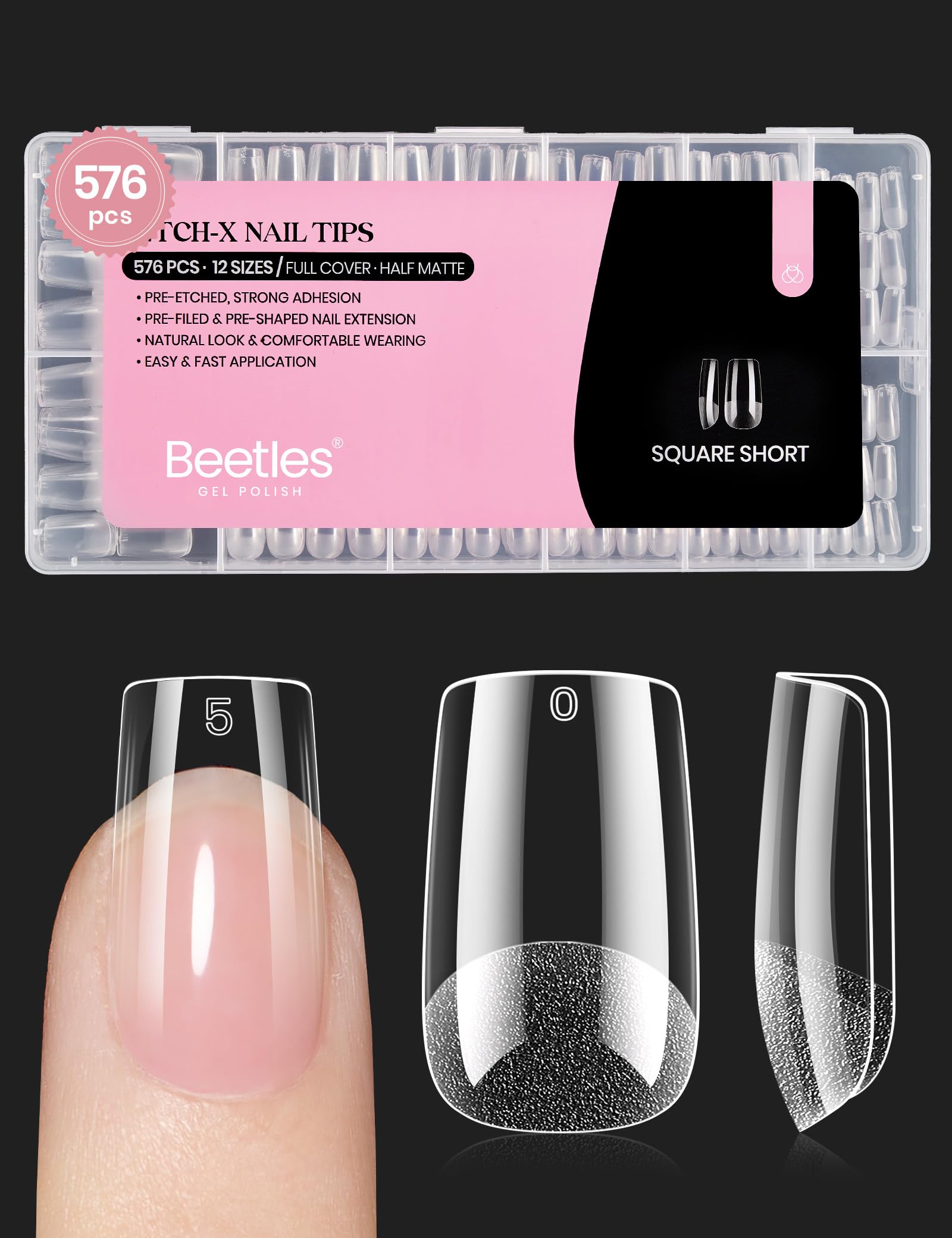 Beetles Gel Nail Tips Etch-X square short with strong adhesion for long wear