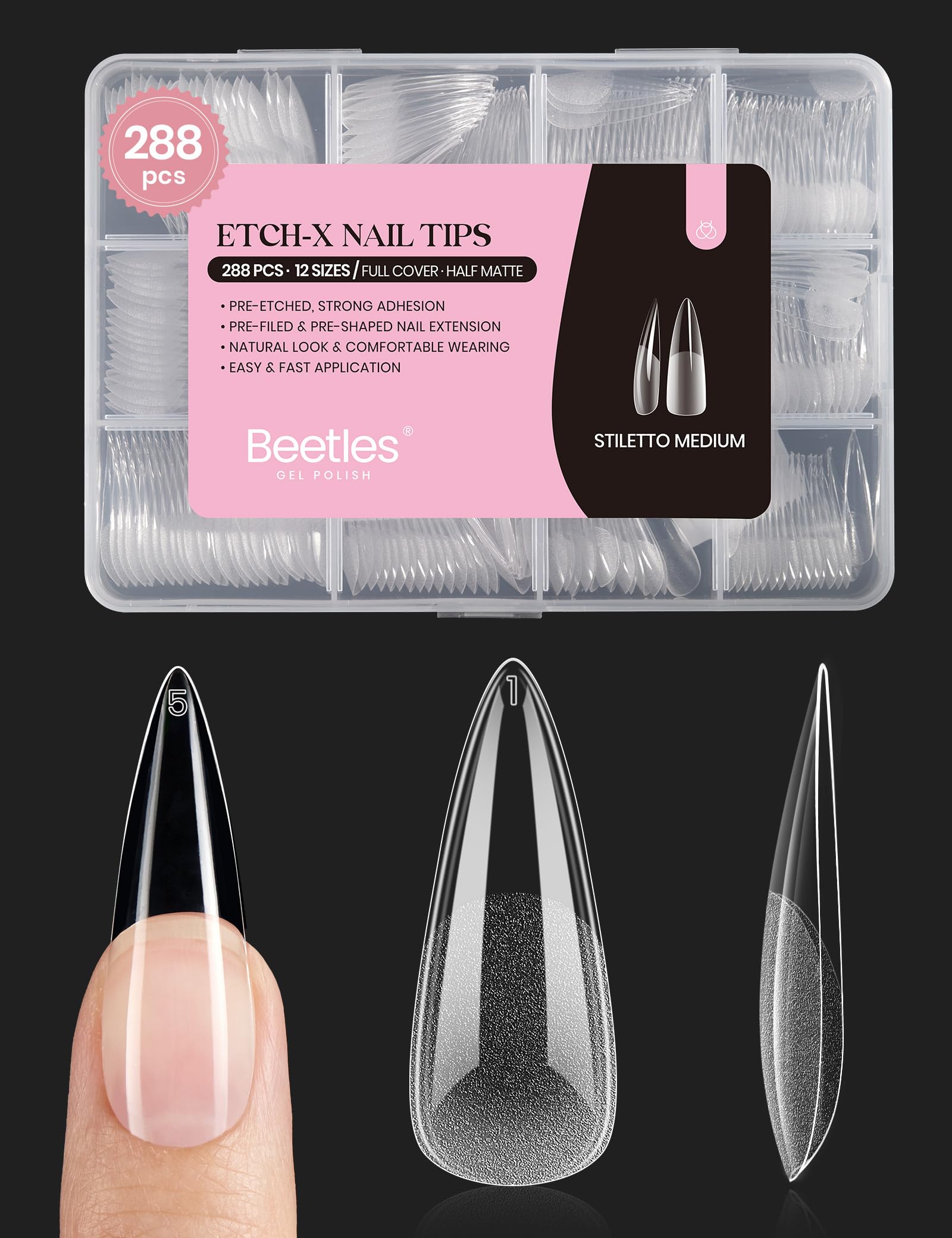 Beetles Gel Nail Tips Etch-X stiletto medium 288pcs ready for precise fitting