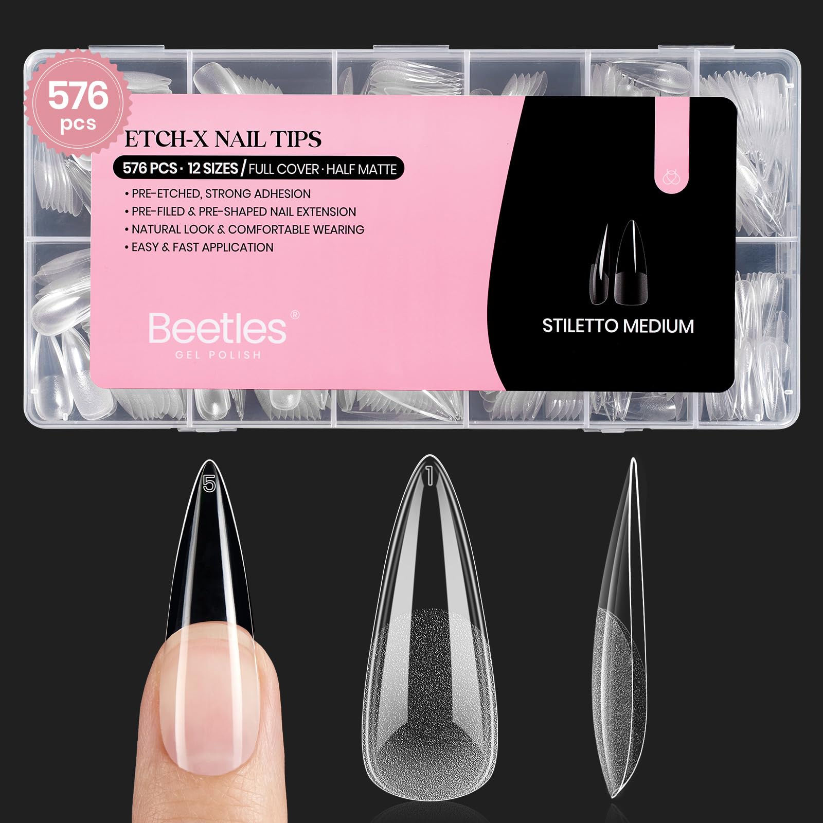 Beetles Etch-X stiletto medium tips assembled for natural-looking extensions