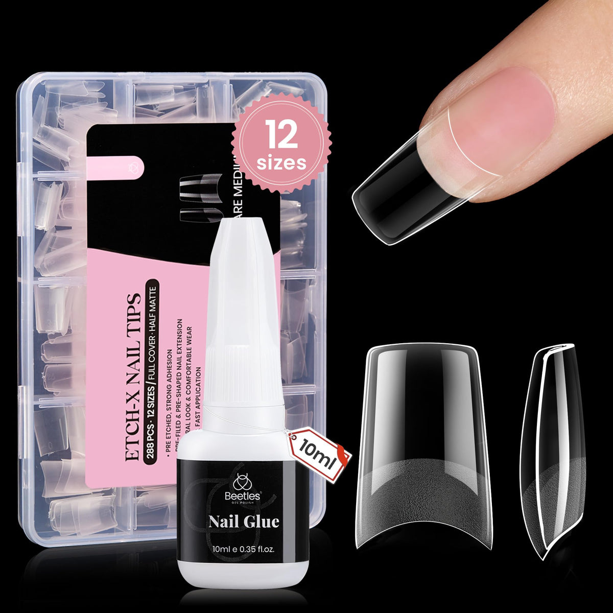 Beetles Gel Nail Tips Kit Etch-X, square medium, 288pcs for DIY extensions