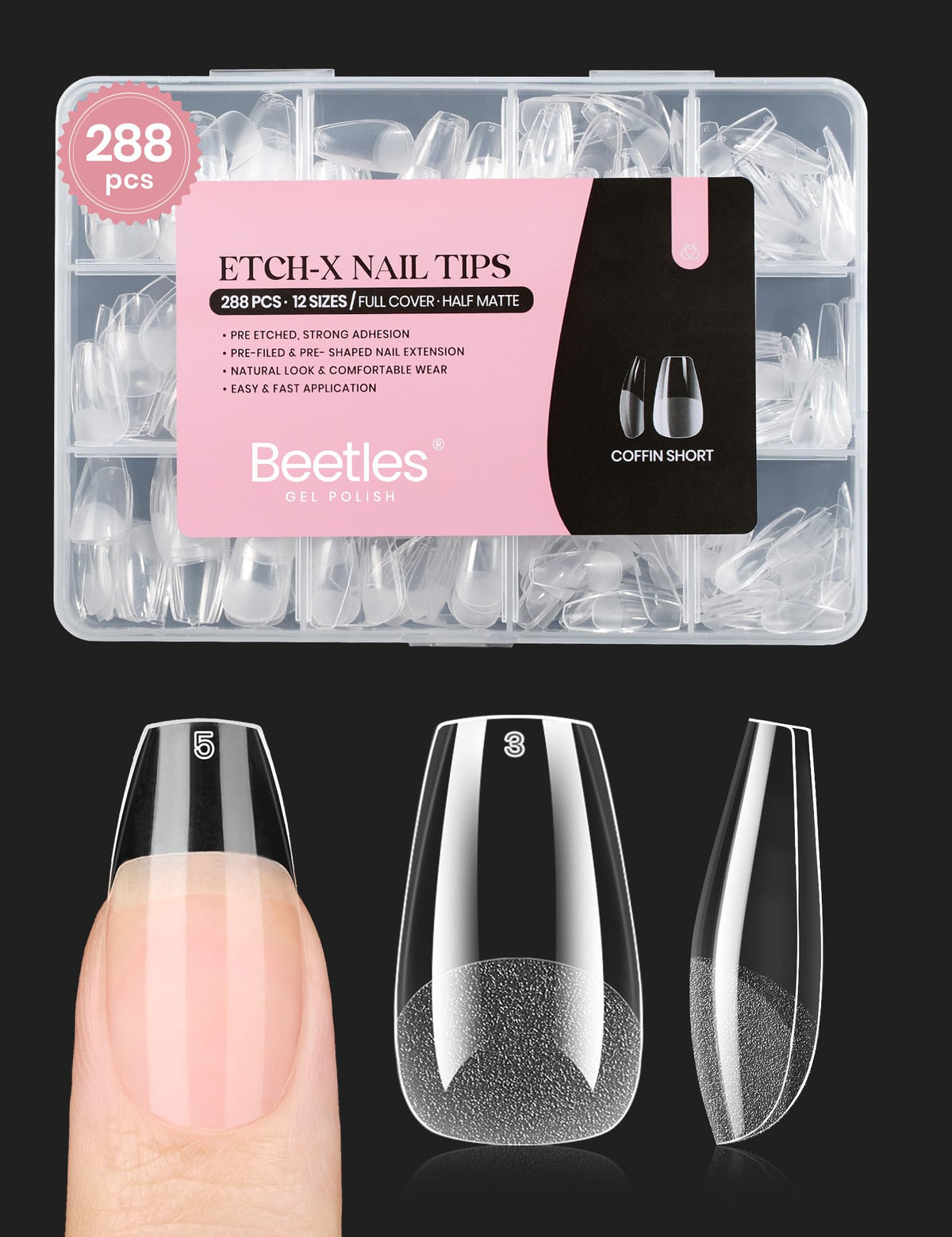 Beetles gel nail tips short coffin with 12 sizes for quick full-cover extensions.
