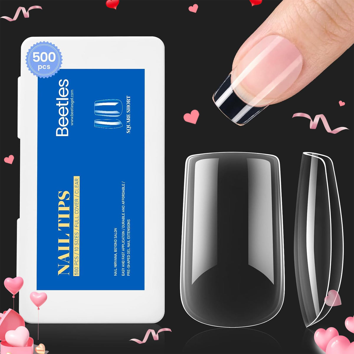 Beetles Gel Nail Tips short square clear 500pcs for easy DIY extensions