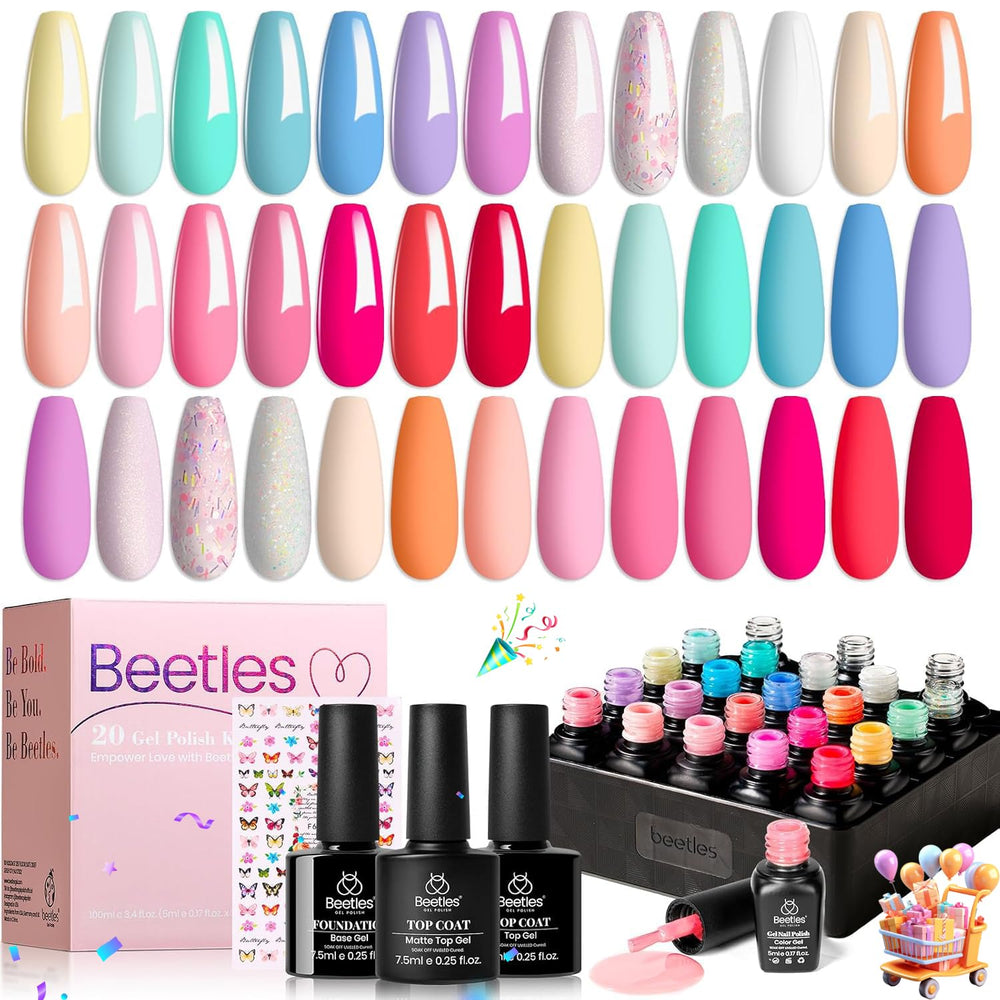 Beetles gel polish 20-color palette with vibrant shades for versatile manicures.