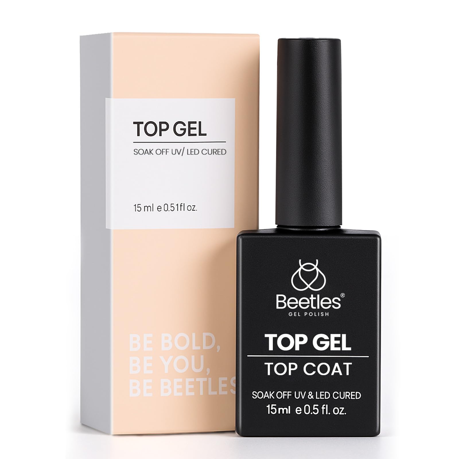 Beetles Gel Polish No Wipe Top Coat bottle showing a high gloss finish for a salon look.
