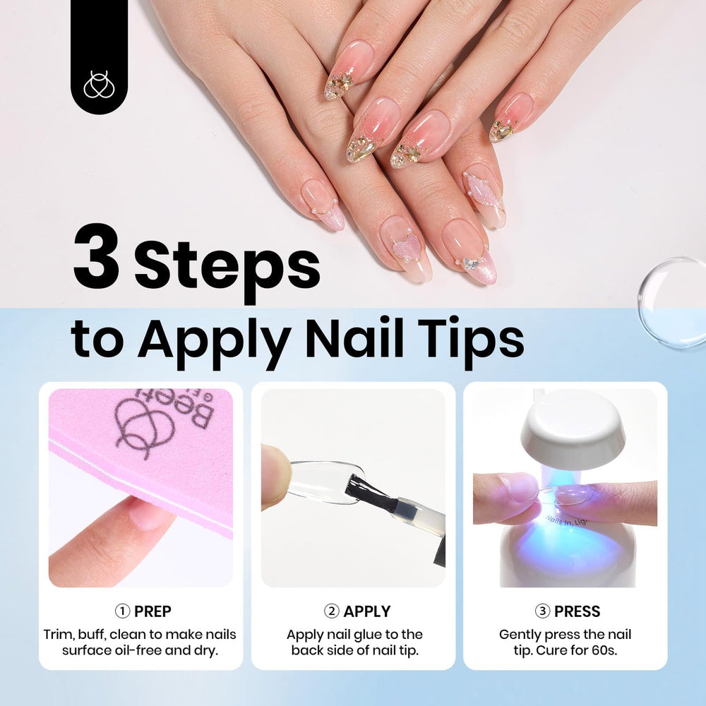 Beetles Gel Polish 9-in-1 nail glue under LED cure in seconds.