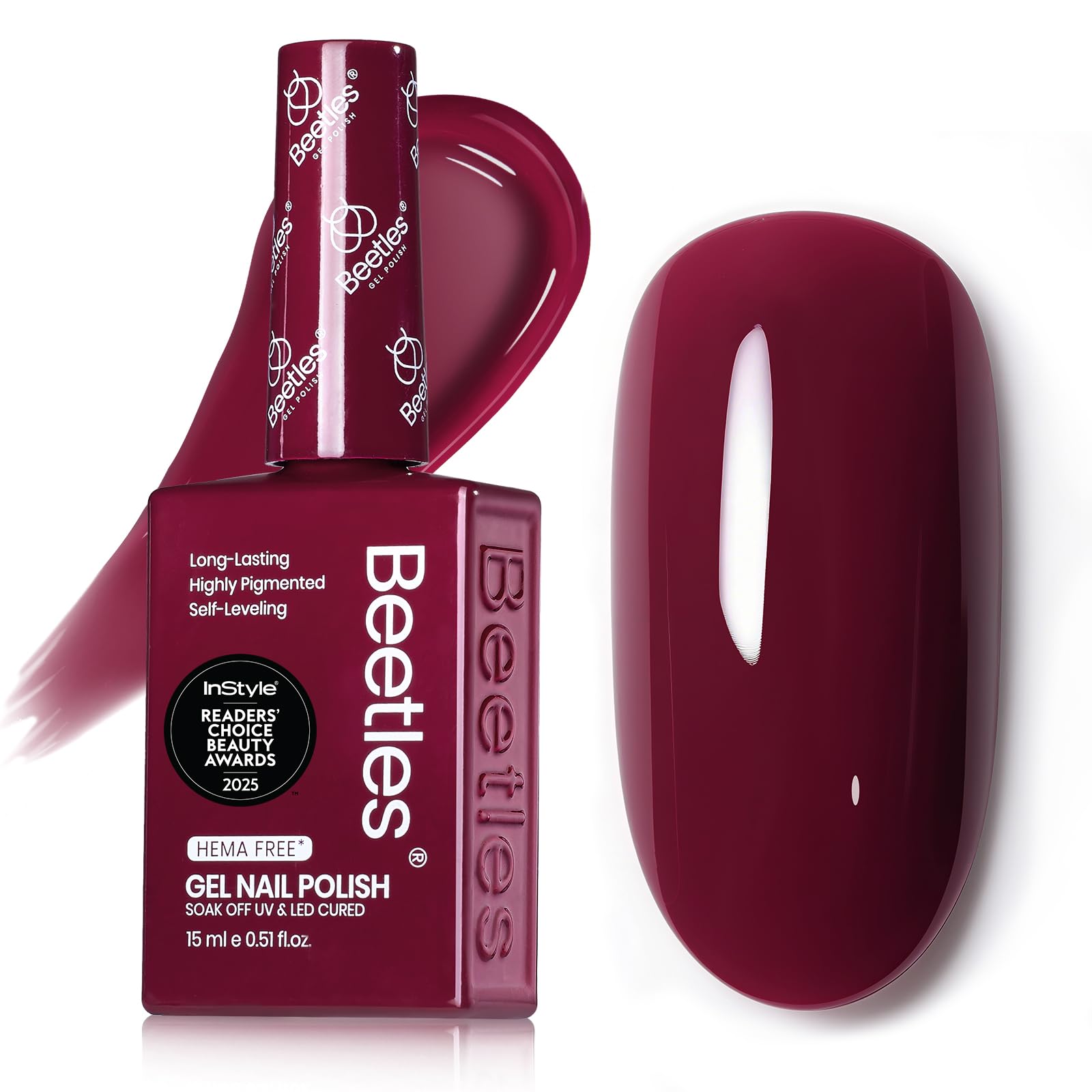Beetles Burgundy Red Gel Polish bottle design with color-matched cap.