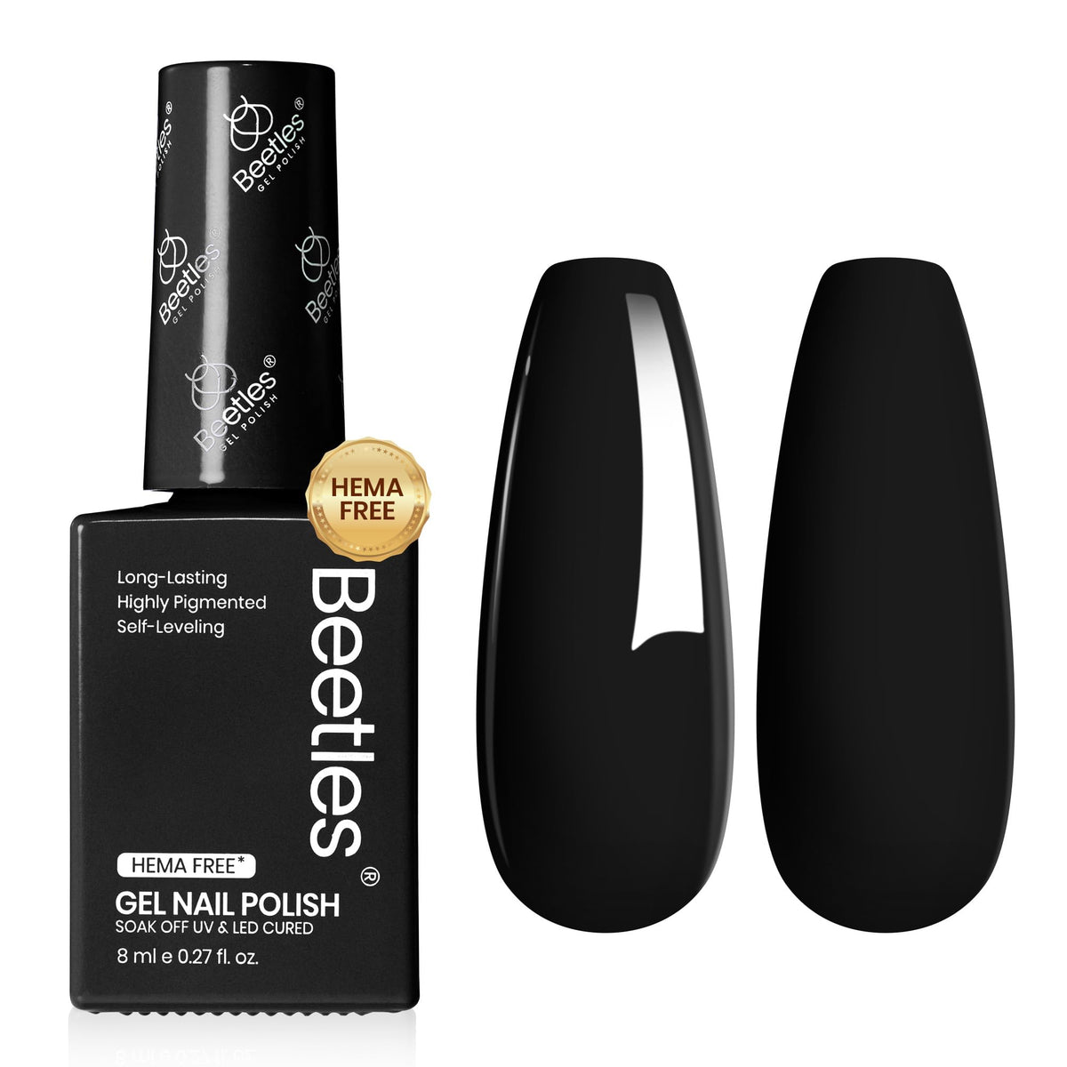 Beetles Gel Polish Classic Black bottle close-up showing shade accuracy for DIY nails.
