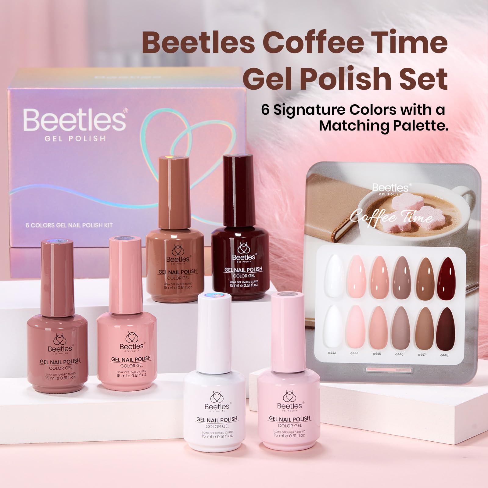 Beetles Gel Polish Coffee Time set box with six versatile neutral shades.