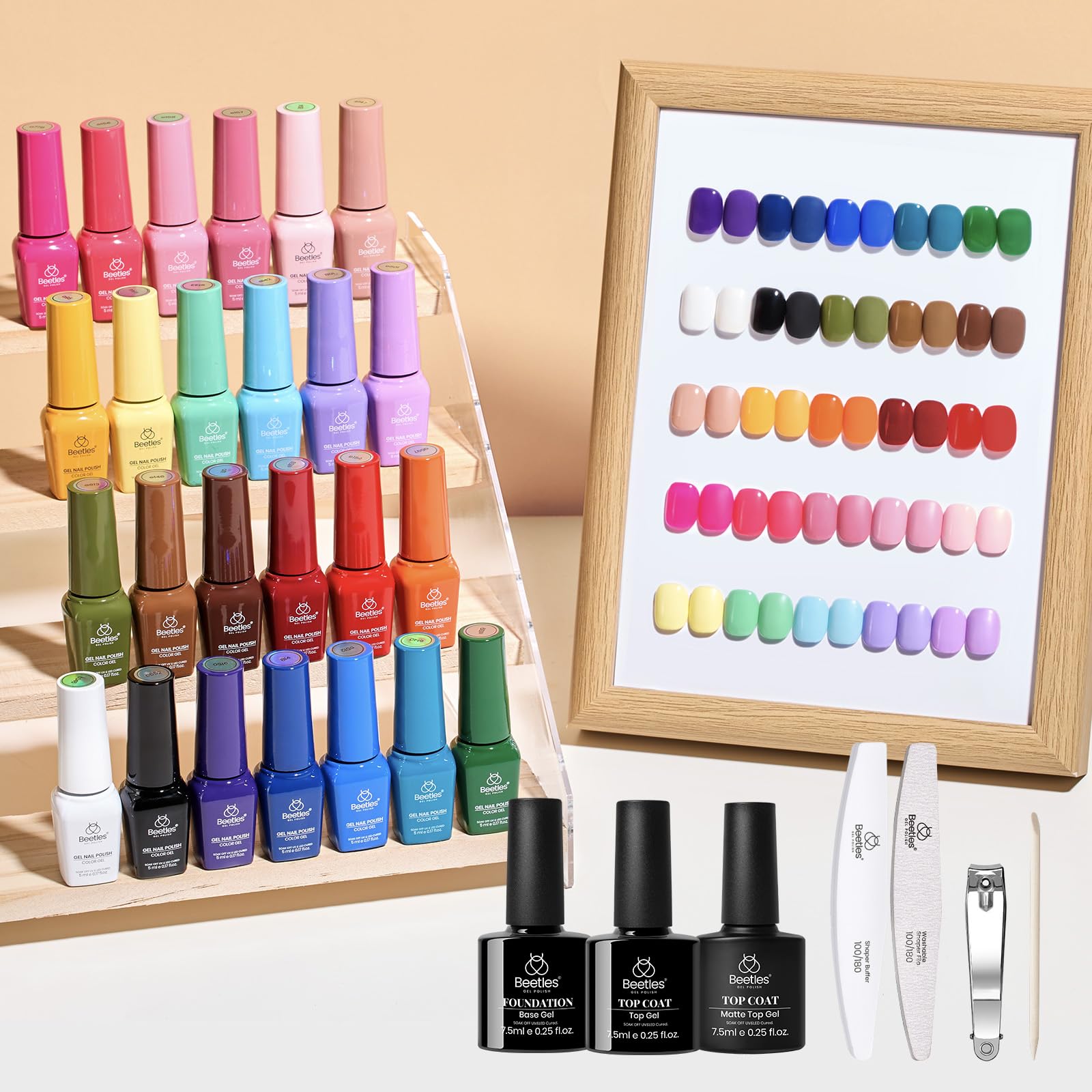 Beetles nail-art setup image suggests easy DIY manicures with included tools.
