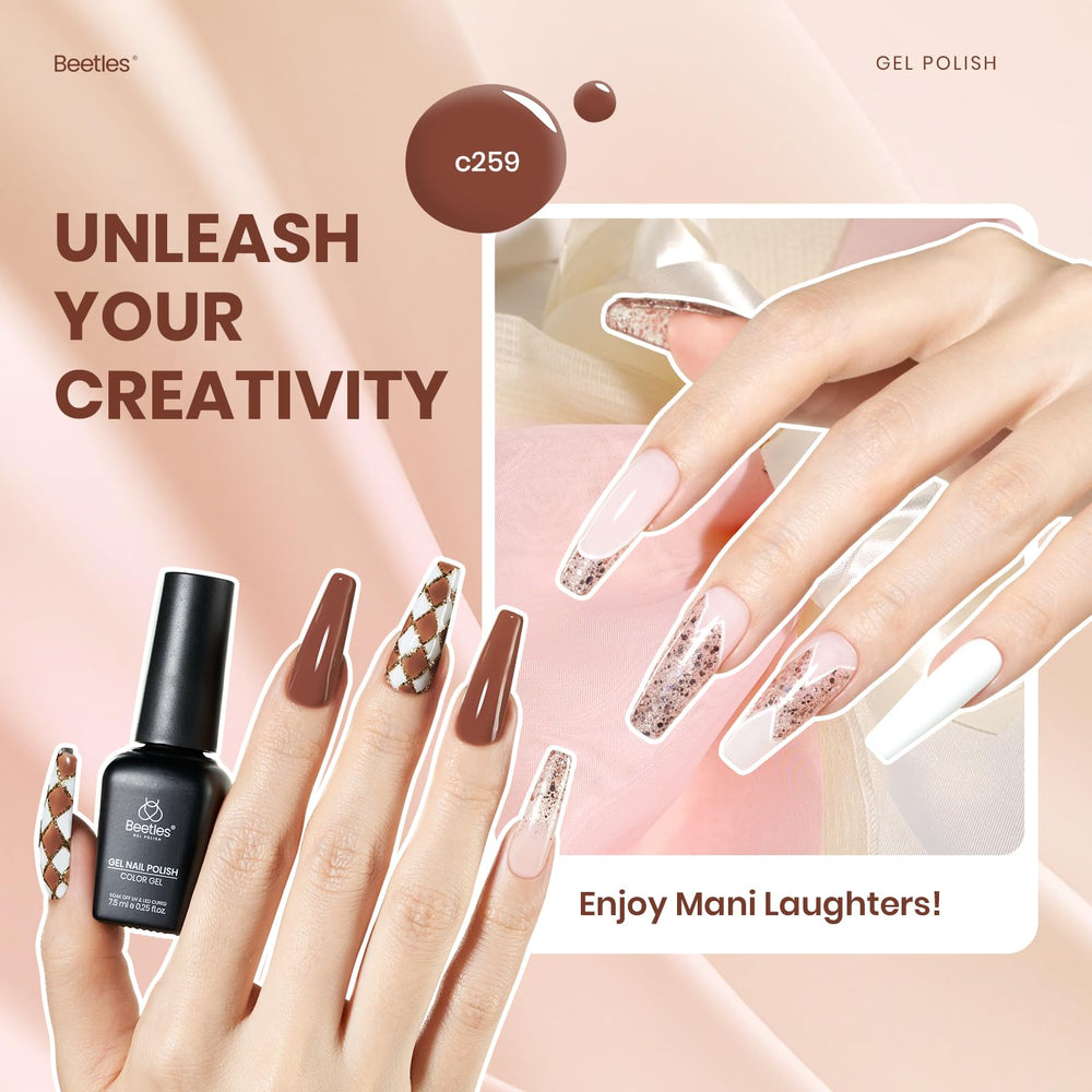 Beetles Gel Polish glitter brown bottle adds subtle shimmer for evening looks.