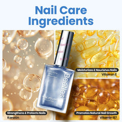 Beetles Pearl Blue nail on finger showing long-lasting bright color.