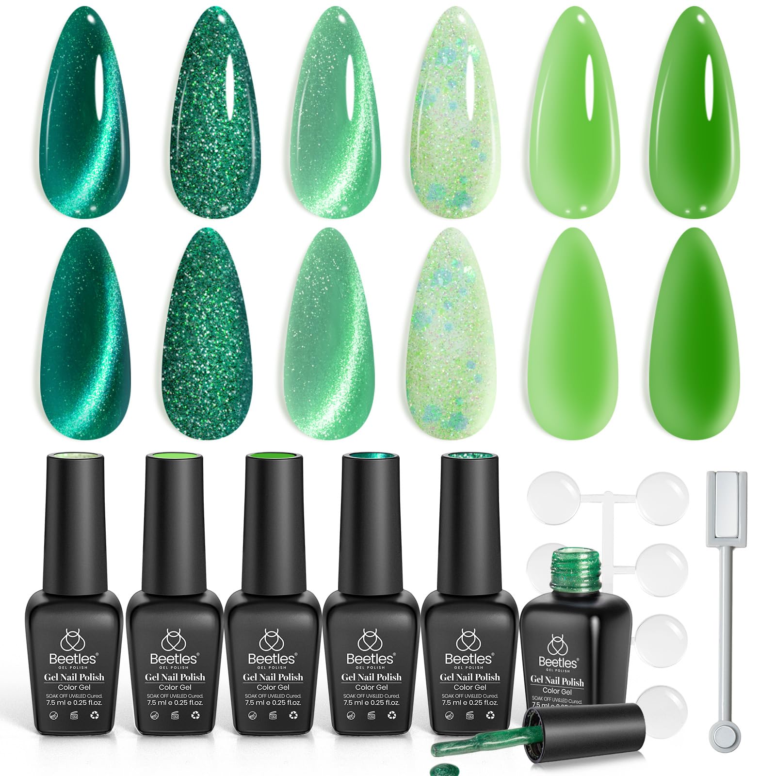 Beetles Gel Polish Enchanted Forest packshot with six green jelly shades for nails