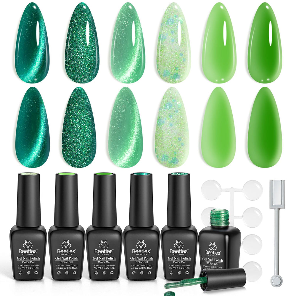 Beetles Gel Polish Enchanted Forest packshot with six green jelly shades for nails