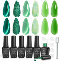 Beetles Gel Polish Enchanted Forest packshot with six green jelly shades for nails