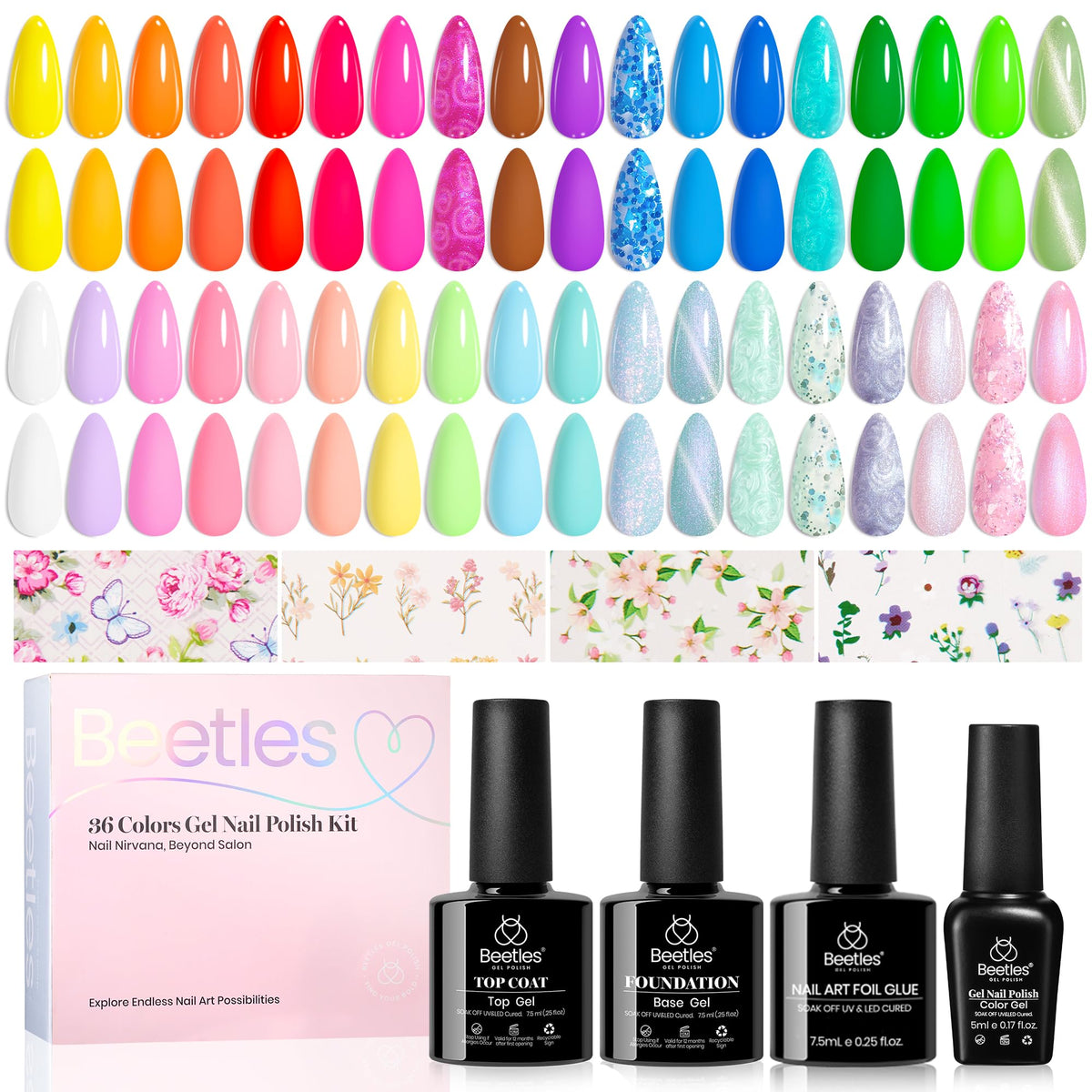 Beetles Gel Polish Kit 36 colors swatch palette for chic nail looks.