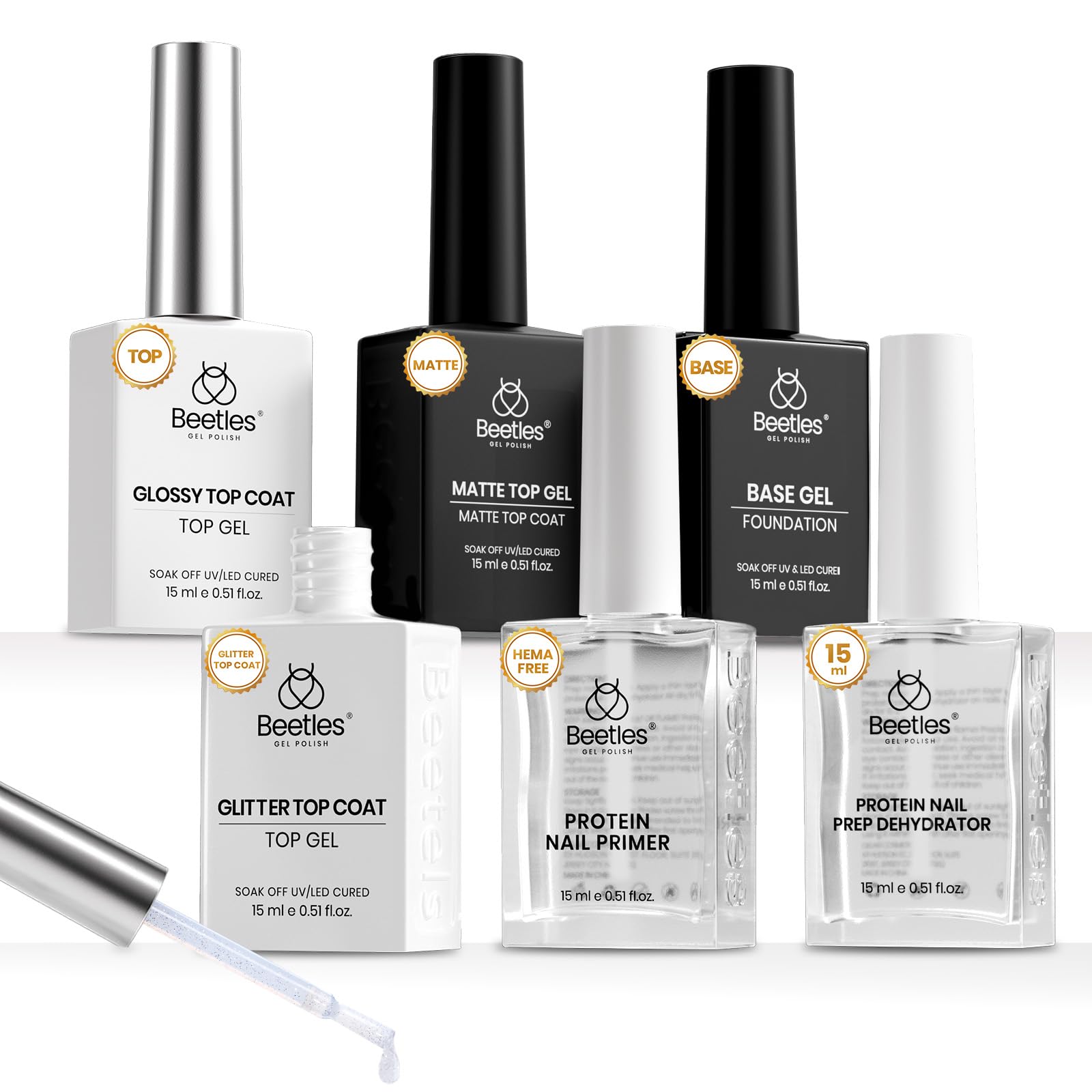 Beetles gel polish kit shows glossy top coat and base coat for lasting shine