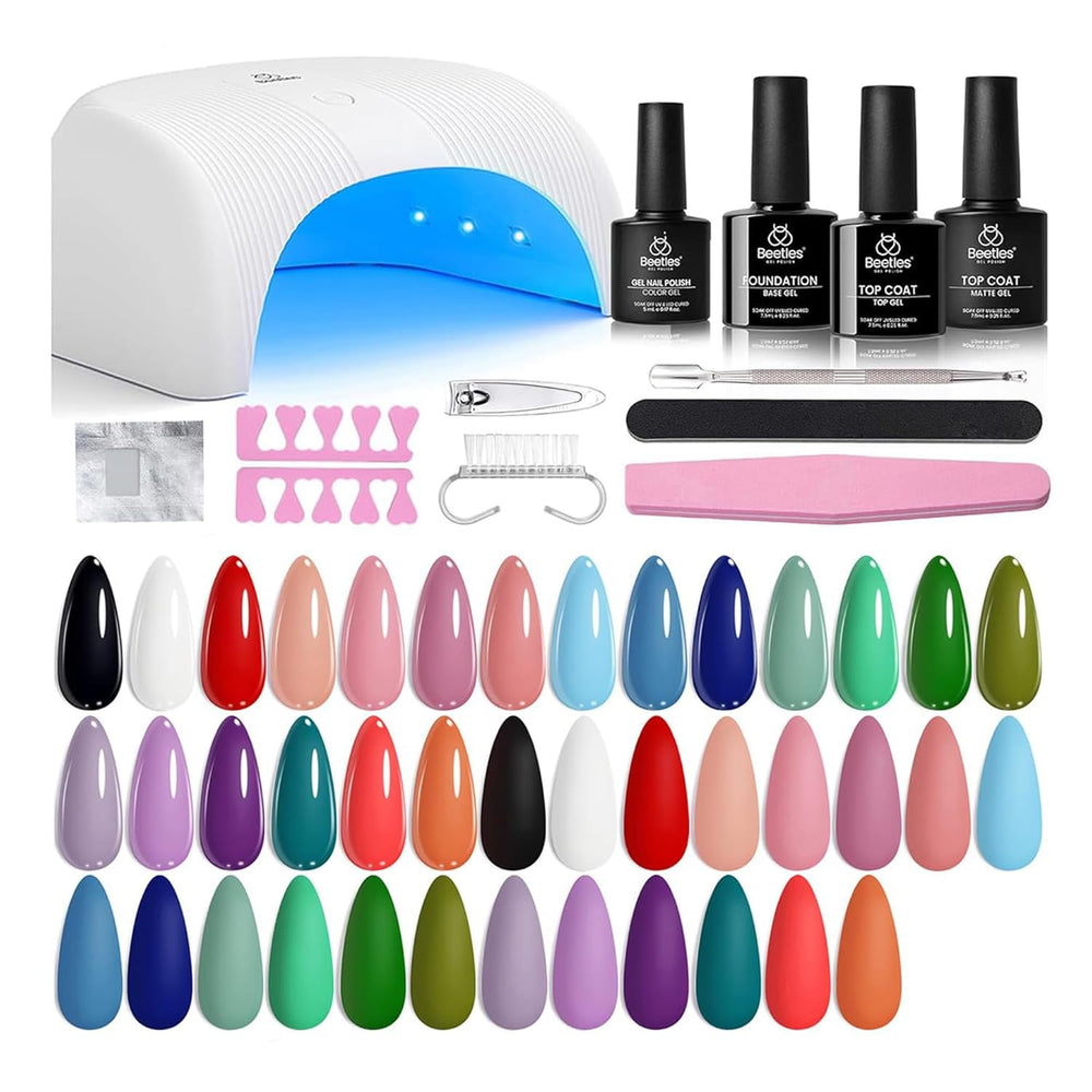 Beetles Gel Nail Polish Kit with UV/LED lamp for at-home curing.