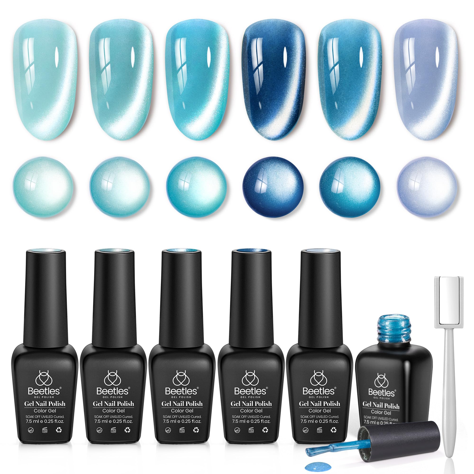 Beetles Gel Polish Moonlit Mist blue cat eye colors showcased for an elegant manicure.