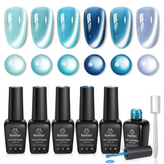 Beetles Gel Polish Moonlit Mist blue cat eye colors showcased for an elegant manicure.