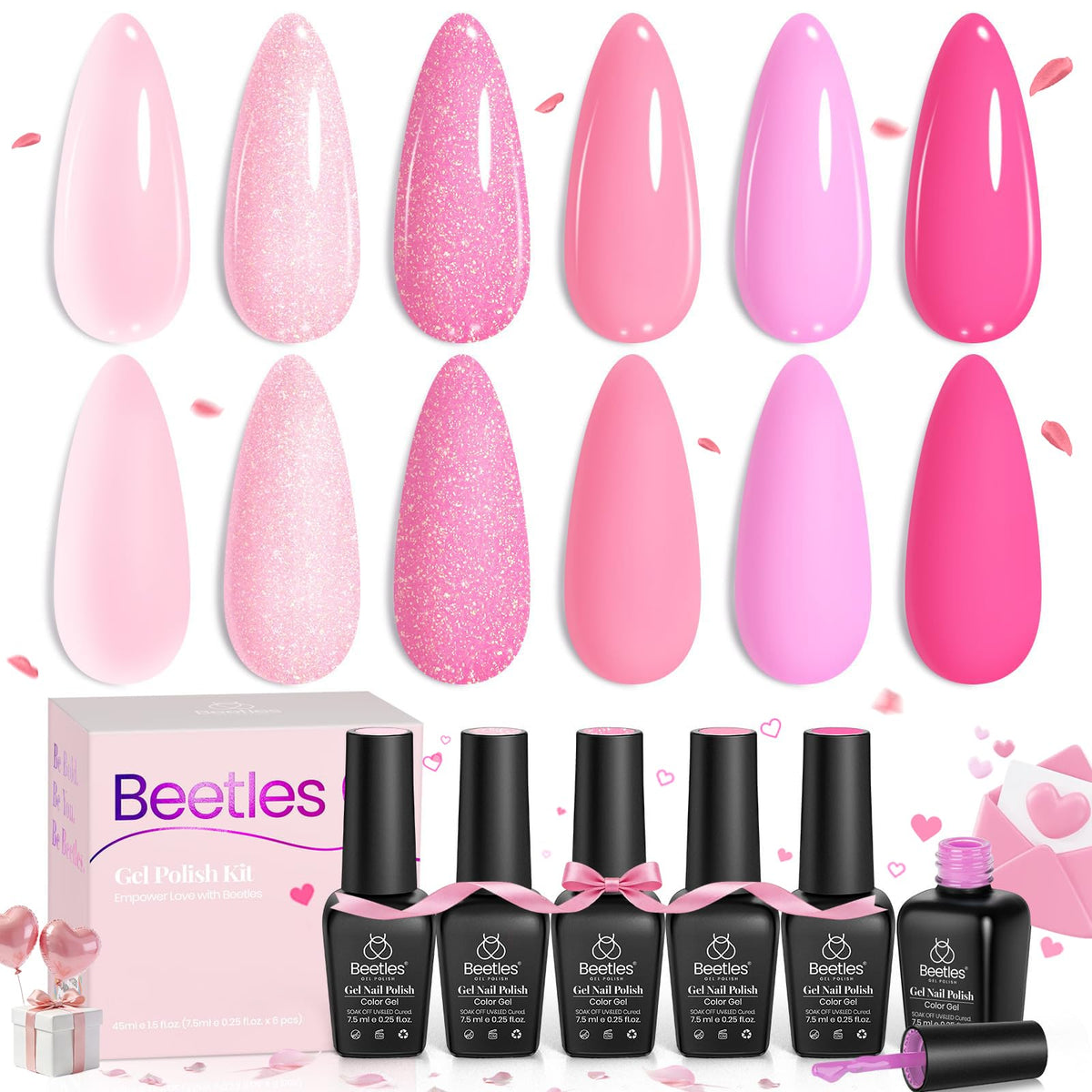 Beetles Gel Polish Pink Set hot pink glitter close-up for bold nail art.