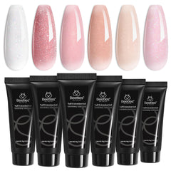 Beetles Gel Polish poly nail gel set swatches show nude, pink, glitter colors for at-home nails.