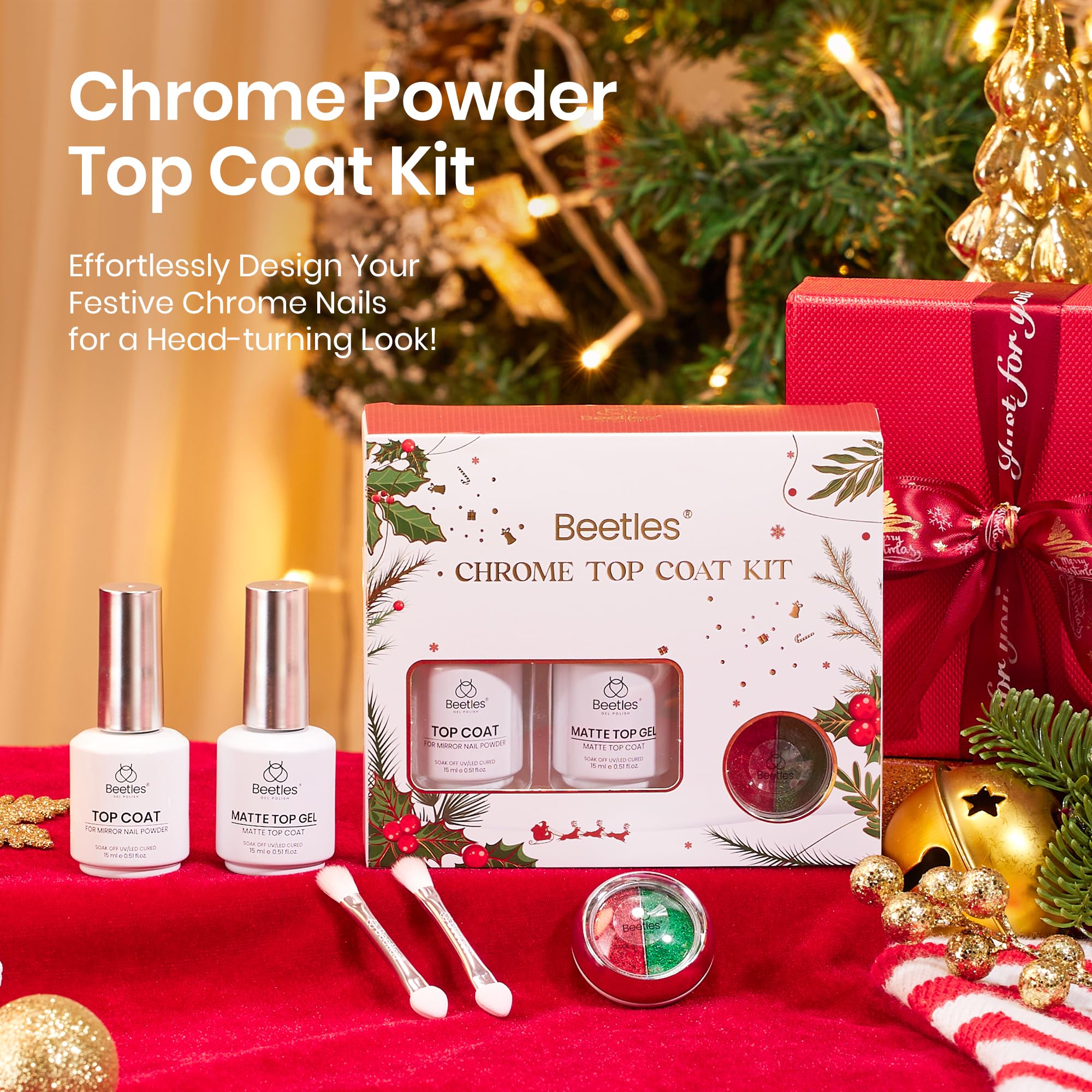 Red-Green Mirror Powder close-up adds festive chrome sparkle.