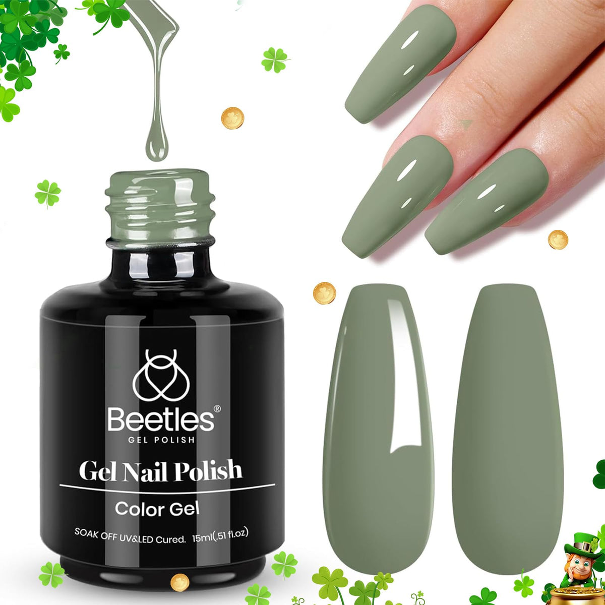 Beetles Gel Polish Sage Green 15ml bottle showing vibrant long lasting color