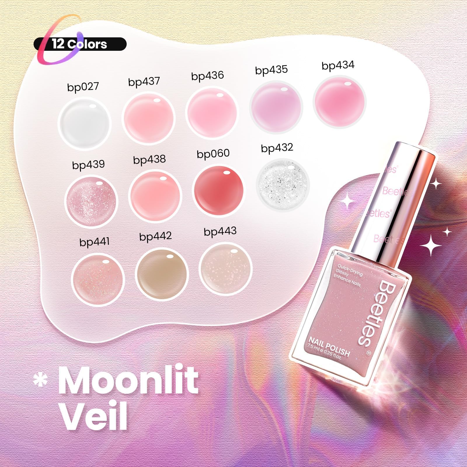 Beetles Gel Polish Set 12 Colors bottles closeup with glossy finish.
