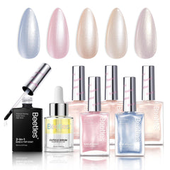 Beetles Gel Polish Set 7Pcs with nude pink, frosted blue, and beige tones for versatile looks.