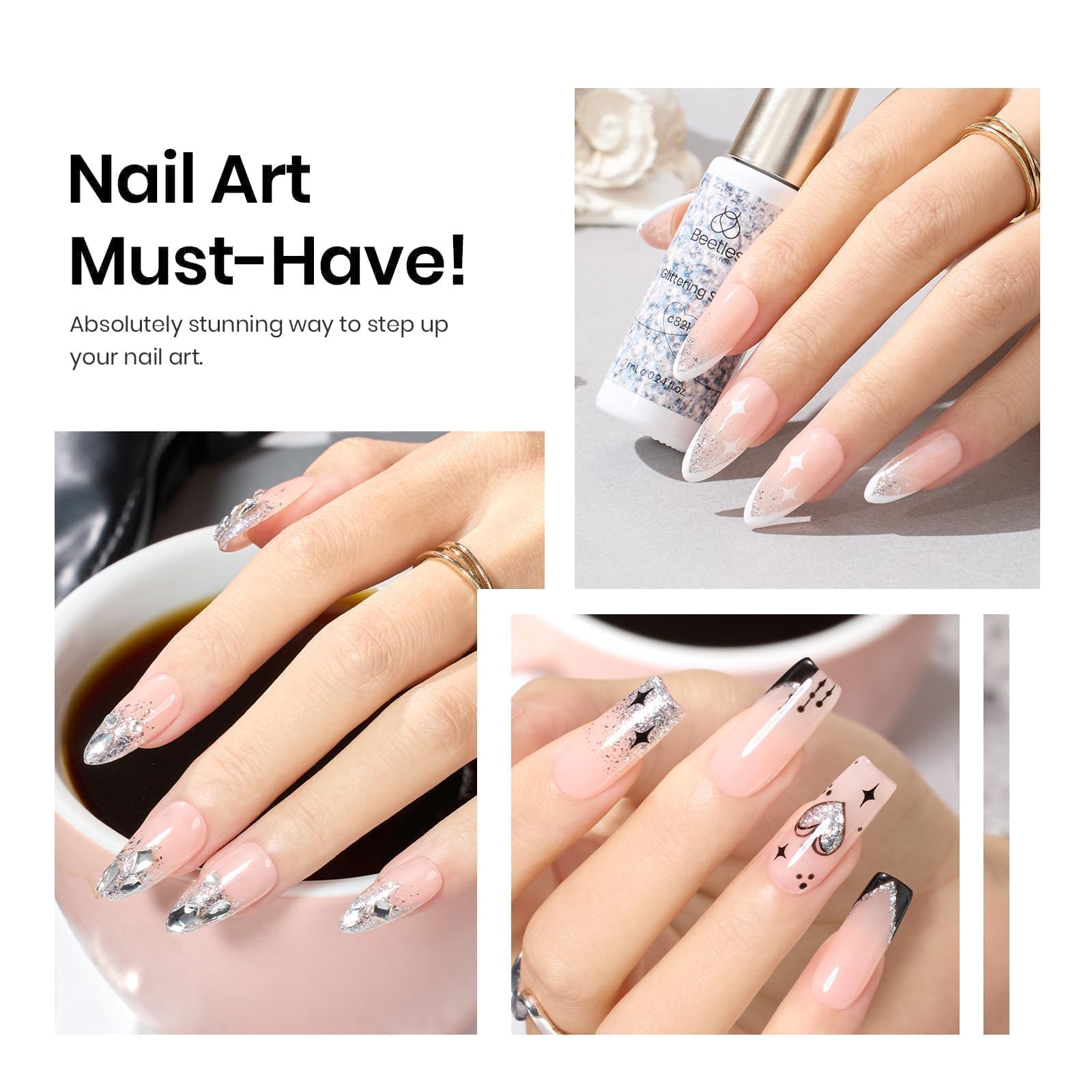 Beetles Silver Glitter Liner used for a chic French tip look