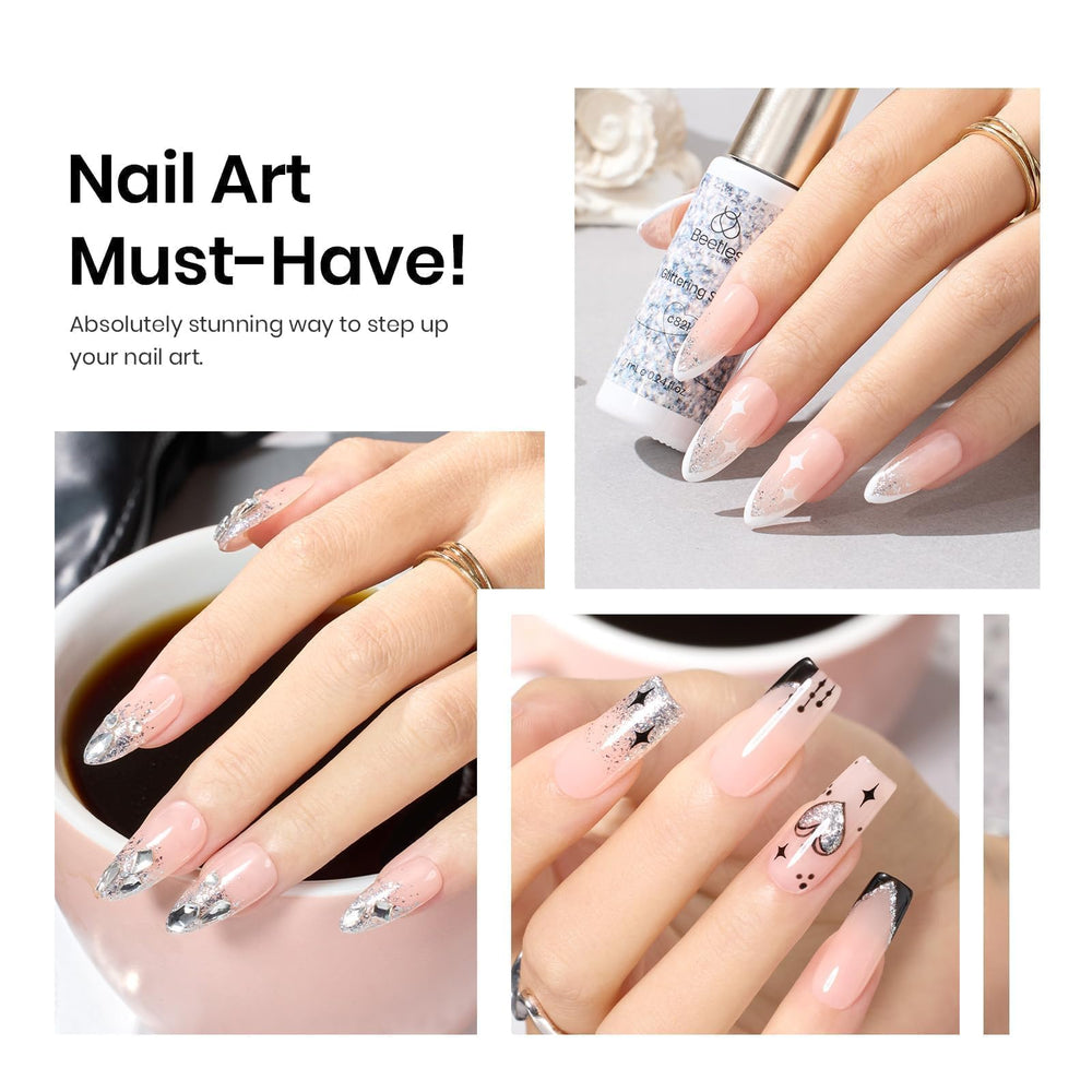 Beetles Silver Glitter Liner used for a chic French tip look
