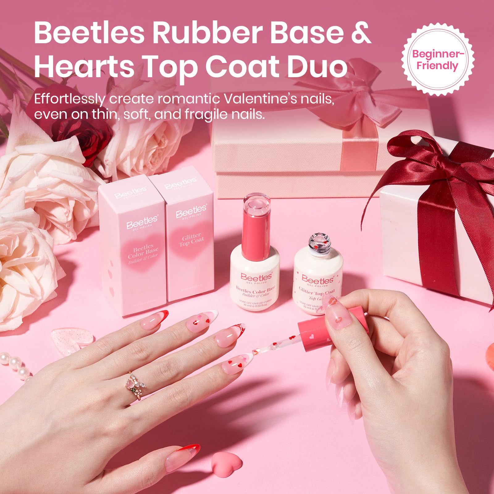 Beetles Glitter Top Coat adds subtle sparkle for glossy Valentine nails.