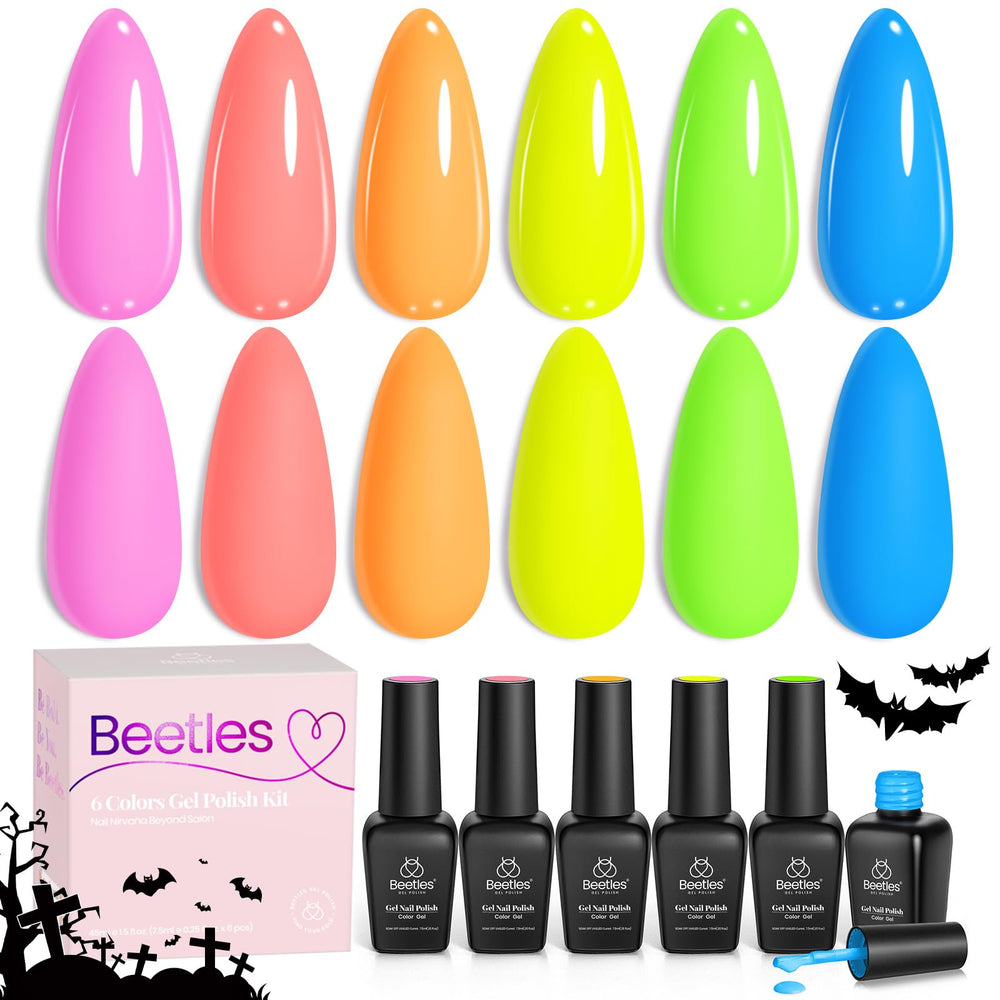 Beetles Valentines gel polish kit display showing six neon colors for DIY use.