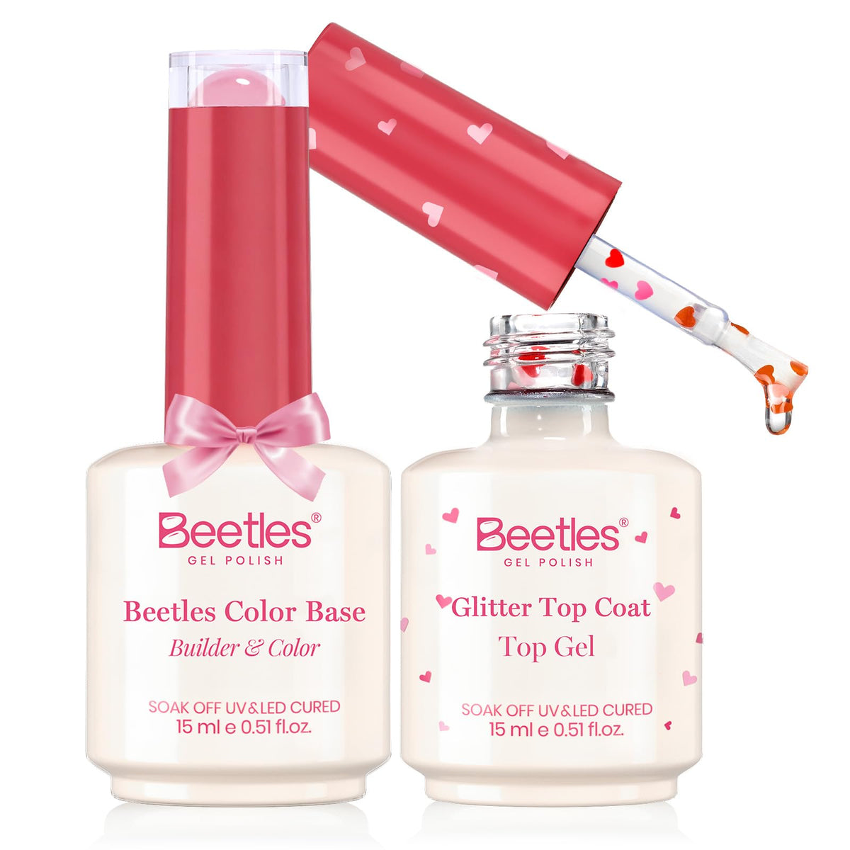 Be Beetles Gel Polish Pink Base with heart nail art for romantic manicure.