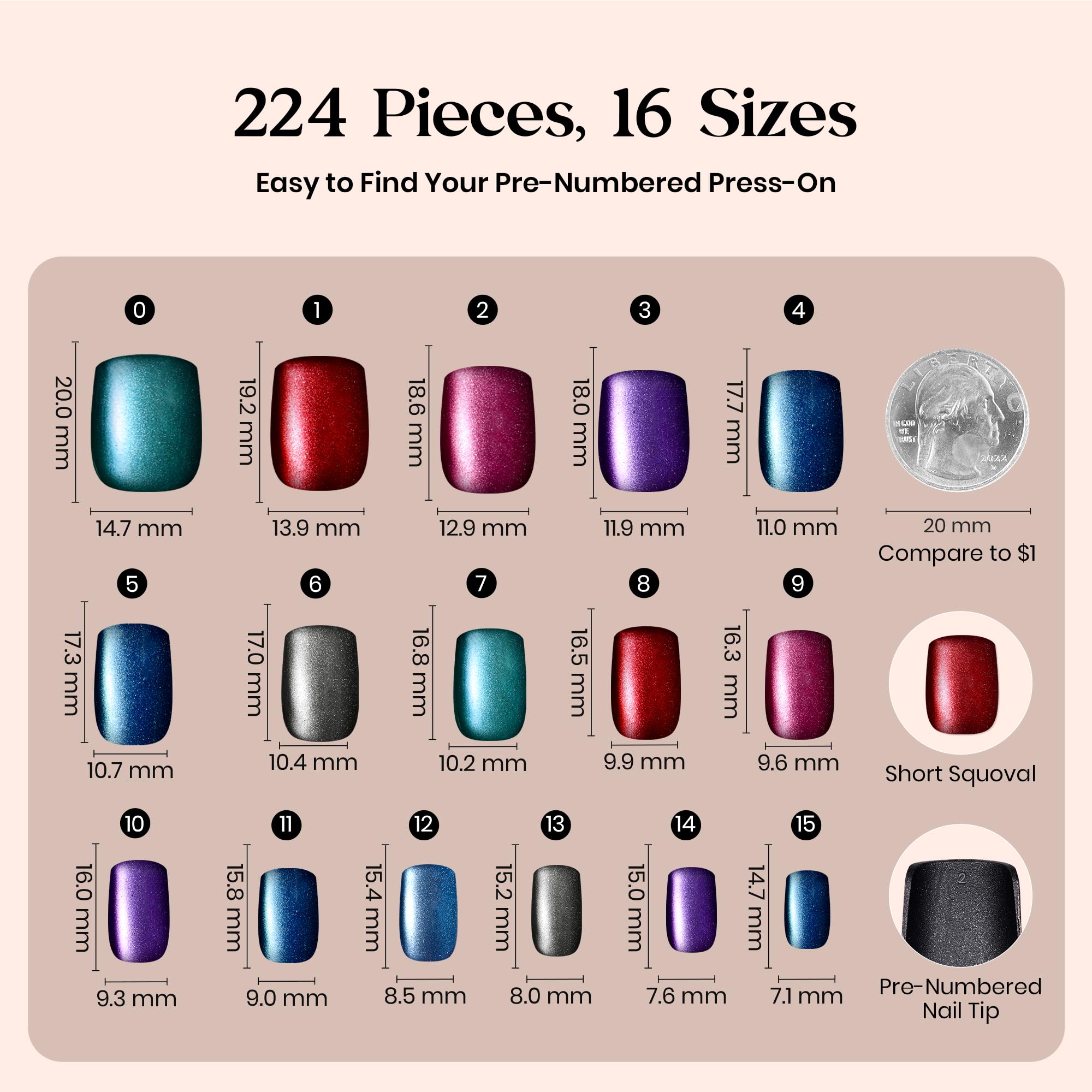 Beetles X Press Cat Eye Nails 16 sizes ensure a precise fit.