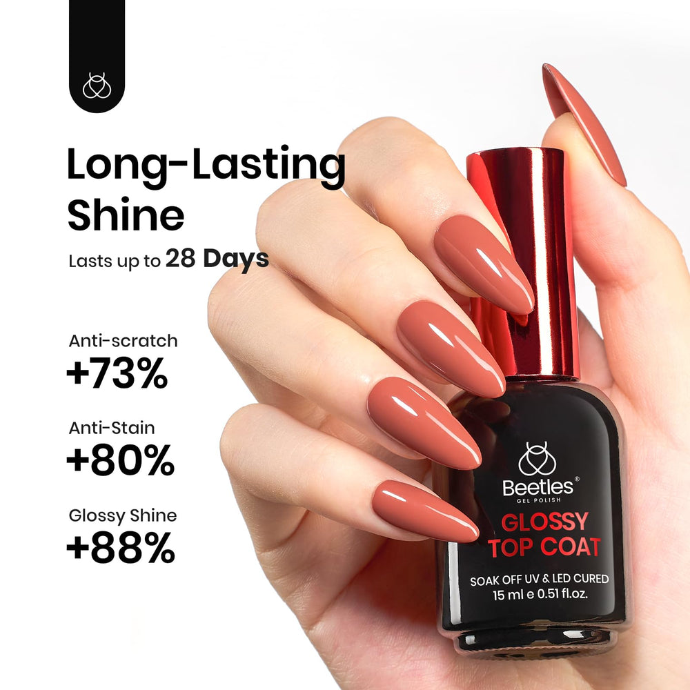 Beetles Gel Top Coat finished nails exhibit high-gloss protection and sleek shine