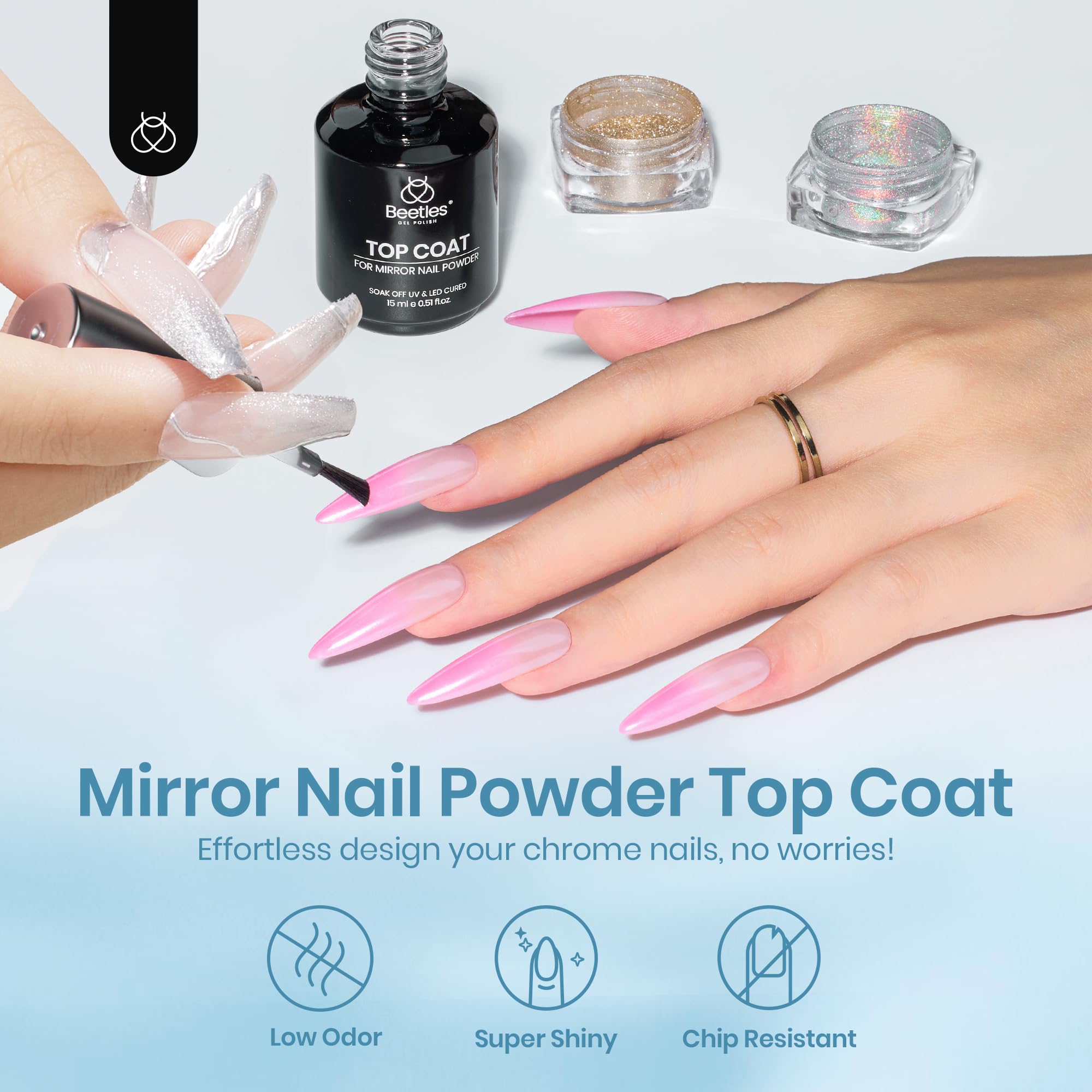 Beetles Gel Top Coat applies easily under LED/UV lamp for chic results.