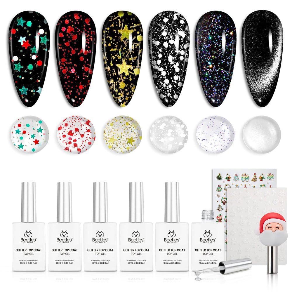 Beetles Gel Top Coat Set with 6 x 10ml bottles showcasing a shimmering glitter finish