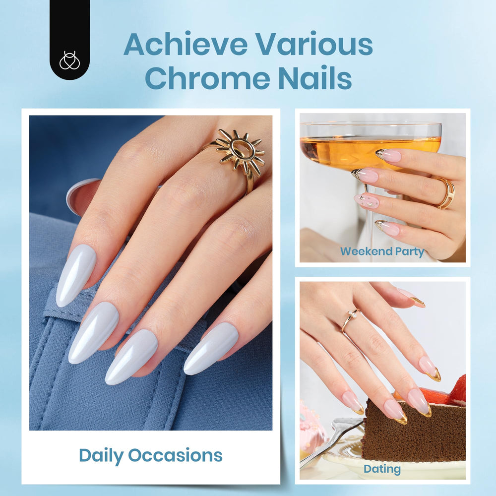 Beetles Gel Top Coat adheres strongly for lasting chrome nail art.