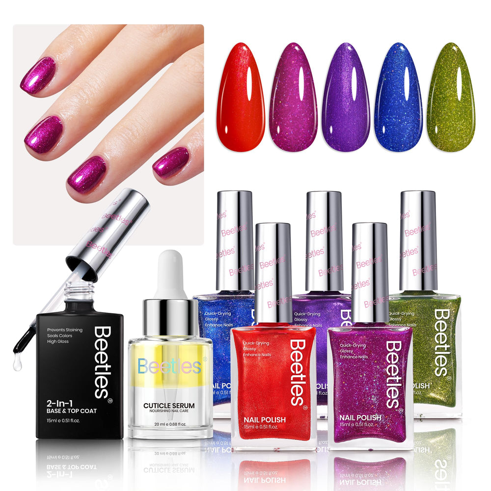 Beetles Glitter Nail Polish Set with seven pieces for festive nails and at-home manicure