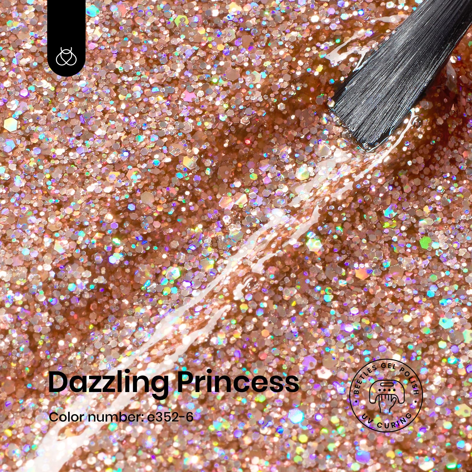 Beetles Glitter Gel Nail Polish cap open reveals rose gold color.