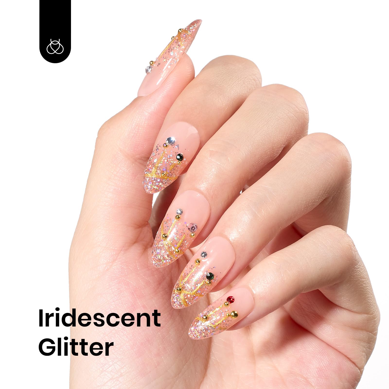 Beetles Glitter Gel Nail Polish on nails demonstrates dazzling rose gold shine.