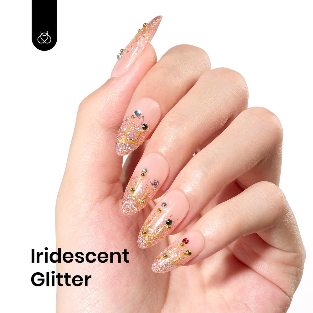 Beetles Glitter Gel Nail Polish on nails demonstrates dazzling rose gold shine.