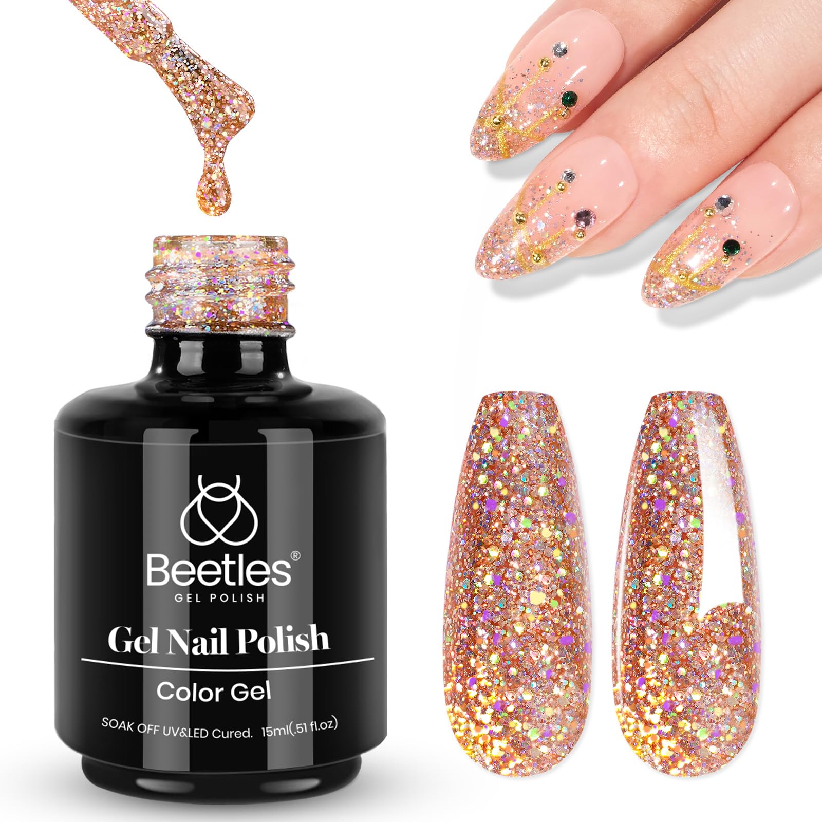 Beetles Glitter Gel Nail Polish bottle shows rose-gold reflective shimmer.