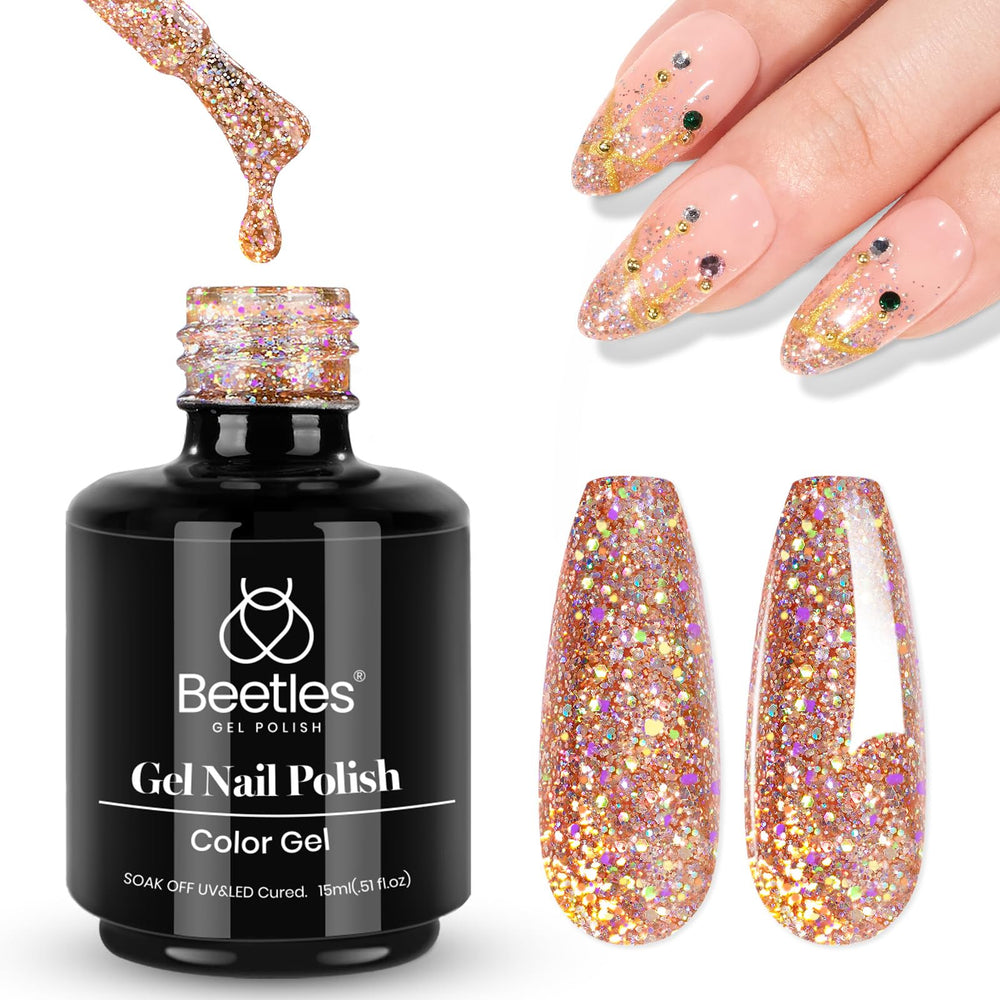 Beetles Glitter Gel Nail Polish bottle shows rose-gold reflective shimmer.