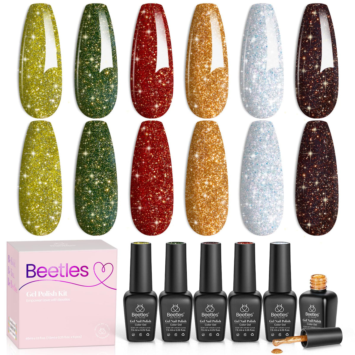 Beetles Glitter Gel Nail Polish Set Vintage Luminary emerald green shade adds festive sparkle to nails.