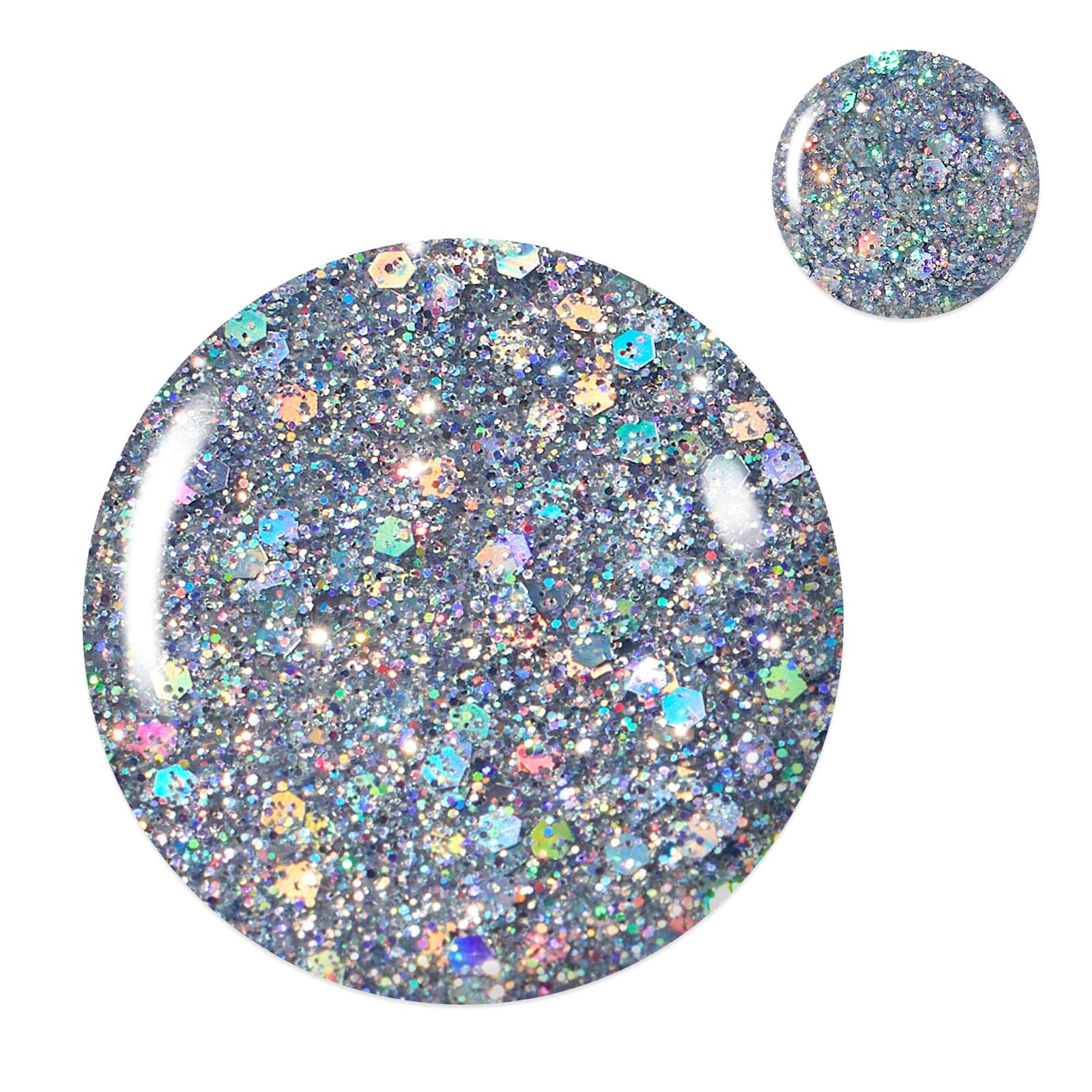 Beetles Glitter Gel Polish bottle beside a cured nail with mirrored chrome finish