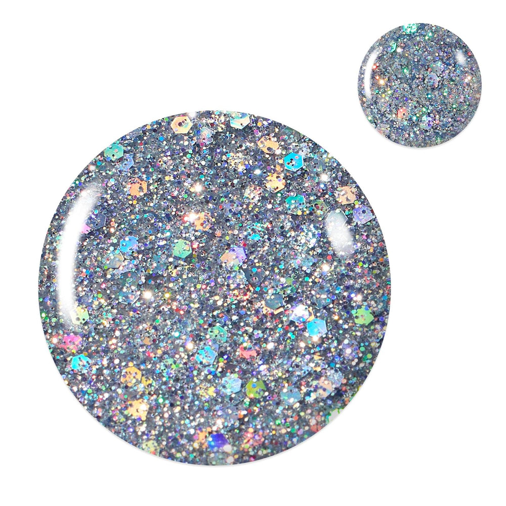 Beetles Glitter Gel Polish bottle beside a cured nail with mirrored chrome finish