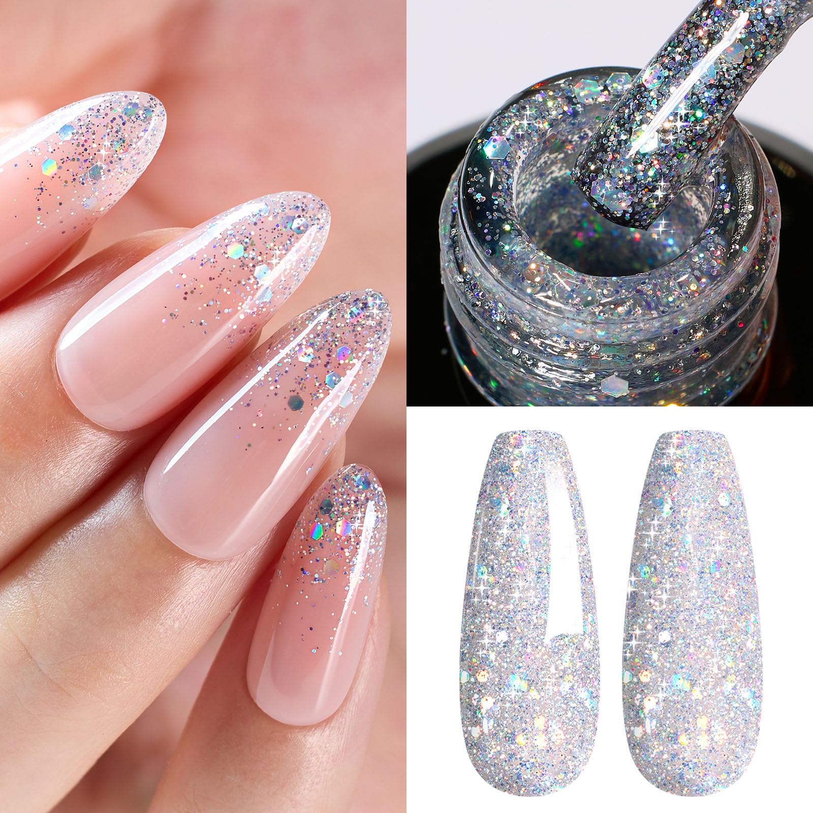 Beetles Glitter Gel Polish bottle showing silver chrome shine for dazzling nails