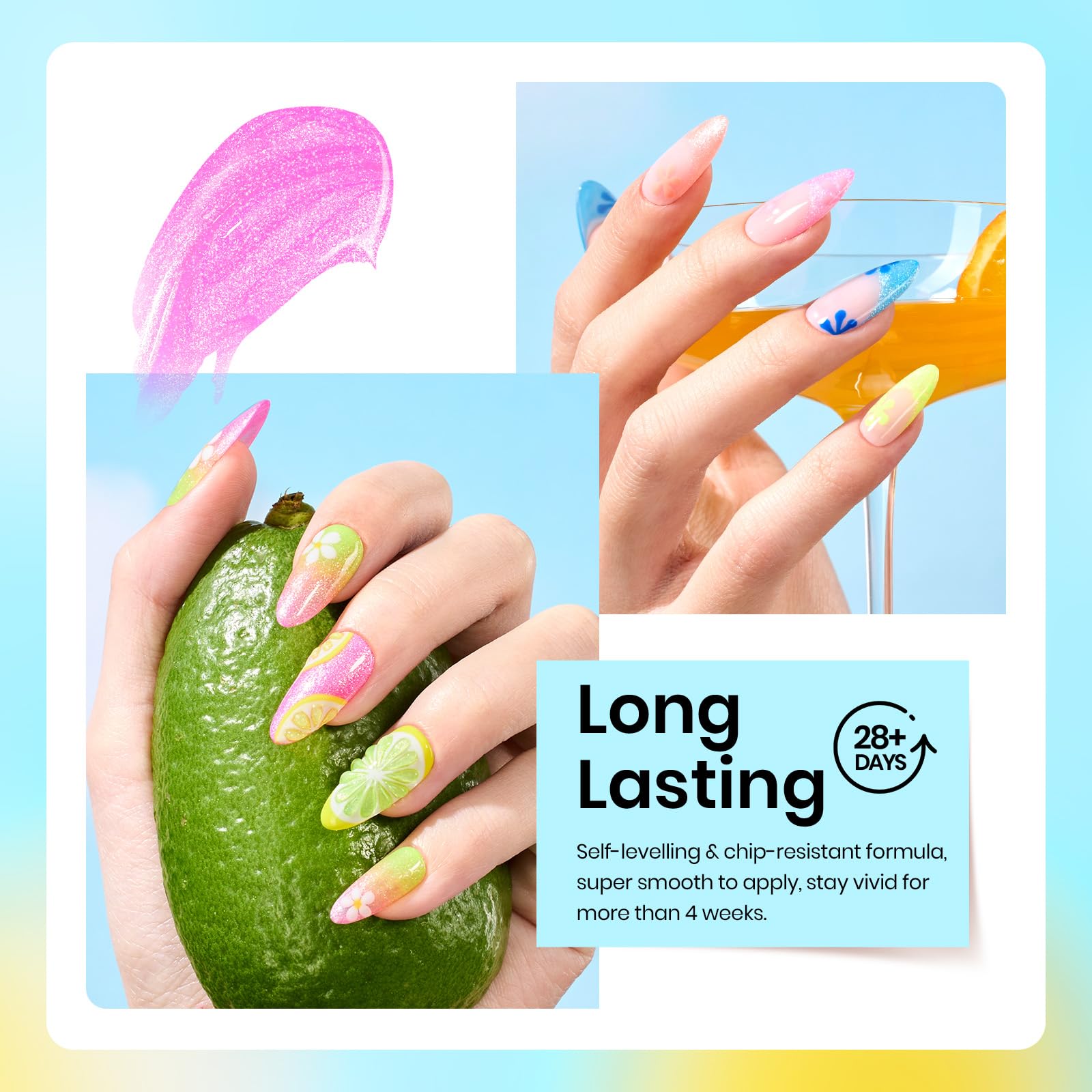 Beetles Glitter Orange gel polish offers bright shimmer for creative nail art.